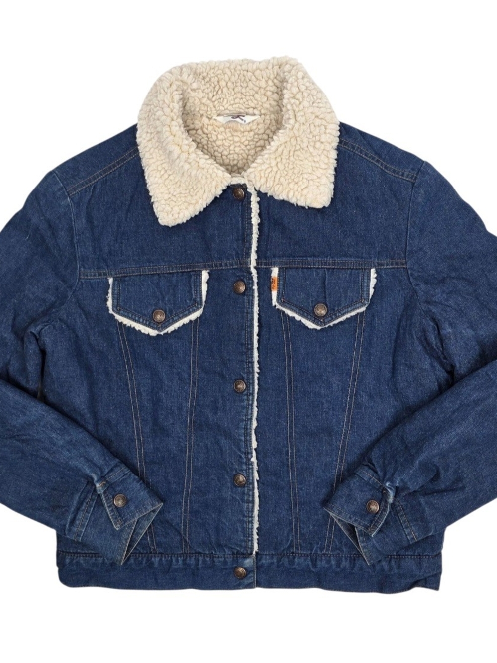 Vintage 70s Levi’s Orange Tab Sherpa Lined Denim Trucker Jacket Cursive L Size L